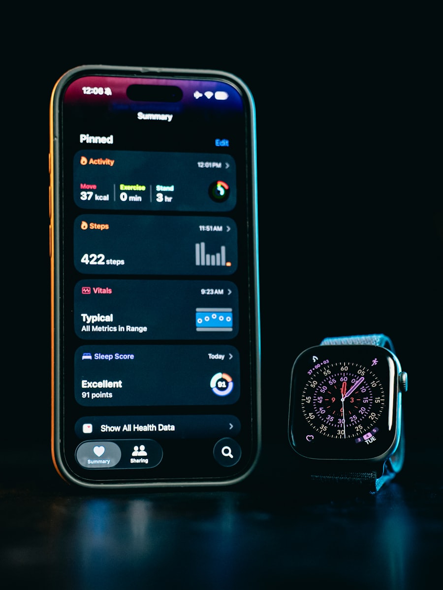 Smartphone and smartwatch displaying activity data